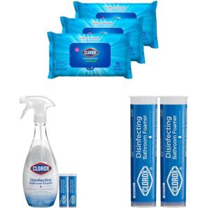 imageClorox Disinfecting Value Pack 3x 75ct Clorox Disinfecting Wipes with Easy Pull Moisture Seal Lid and Clorox Disinfecting Bathroom Foamer Spray Starter Kit with 1 Reusable Bottle plus Four Refills