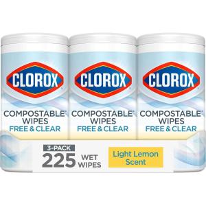 imageClorox Free ampamp Clear Compostable Cleaning Wipes Light Lemon Scent 75 Count Pack of 3 Pack May Vary