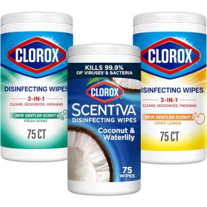 image:imageClorox Disinfecting Cleaning Wipes Bleach Free Crisp Lemon Fresh Scent Scentiva Coconut and Waterlily 75 Count Each Package May VaryLemon  Fresh  Coconut